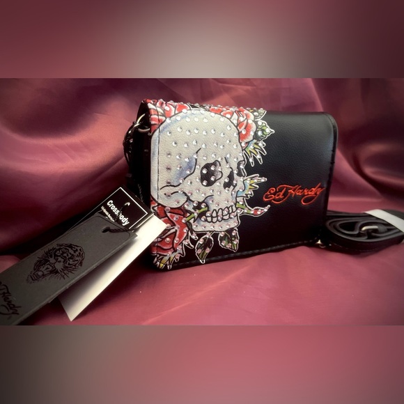 Ed Hardy Black Vegan Leather Wallet Crossbody Bag - Picture 2 of 7